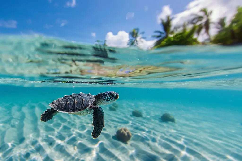 Nahaufnahme einer Meeresschildkröte, die im klaren Wasser in der Nähe des Sirru Fen Fushi Resorts schwimmt und den Schutz der Meeresbewohner auf den Malediven hervorhebt
